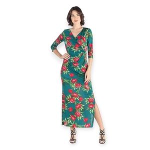 24seven Comfort Apparel Floral Side Slit Maxi Dress - Green/Red - Size 2X